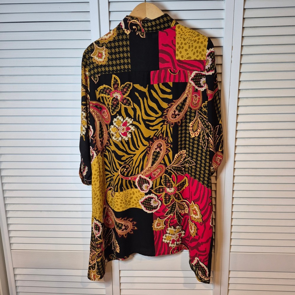 Melissa Paige Patchwork Print Tunic Top Black Red‎ Yellow Roll Tab Sleeve M/L - Picture 8 of 12